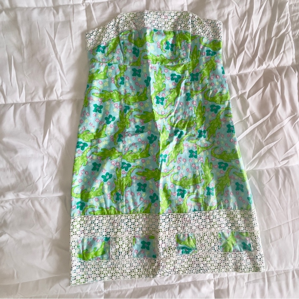 Lilly Pulitzer Strapless Floral Dress in Light Blue, Green & White - Picture 2 of 4